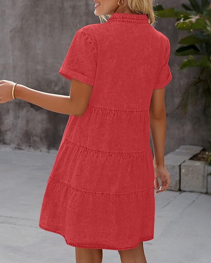 LookbookStore Women's Short Sleeve Button Down Flowy Tiered Babydoll Denim Dress