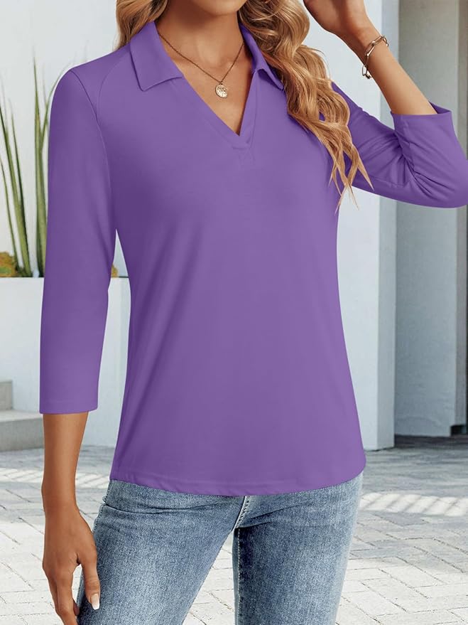 3/4 Length Sleeve Womens Tops Dressy Casual V Neck Polo Shirts Business Work Blouses 2025 Trendy Tunic Top