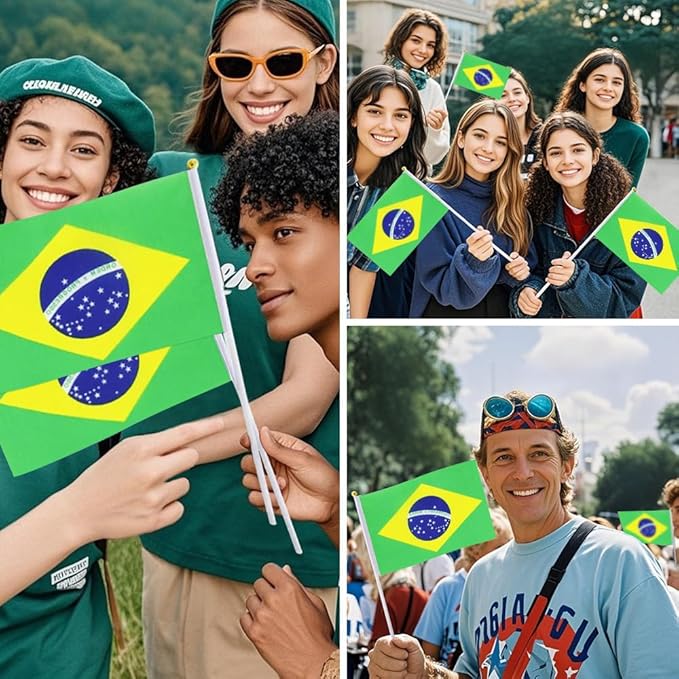 20 Pack Small Brazil Flags on Stick Mini Handheld Brazilian Flag for Parades, Independence Day and Patriotic Events 5x8 Inch Durable Weather-Resistant Flags with 12 Inch Sticks(Brazil)