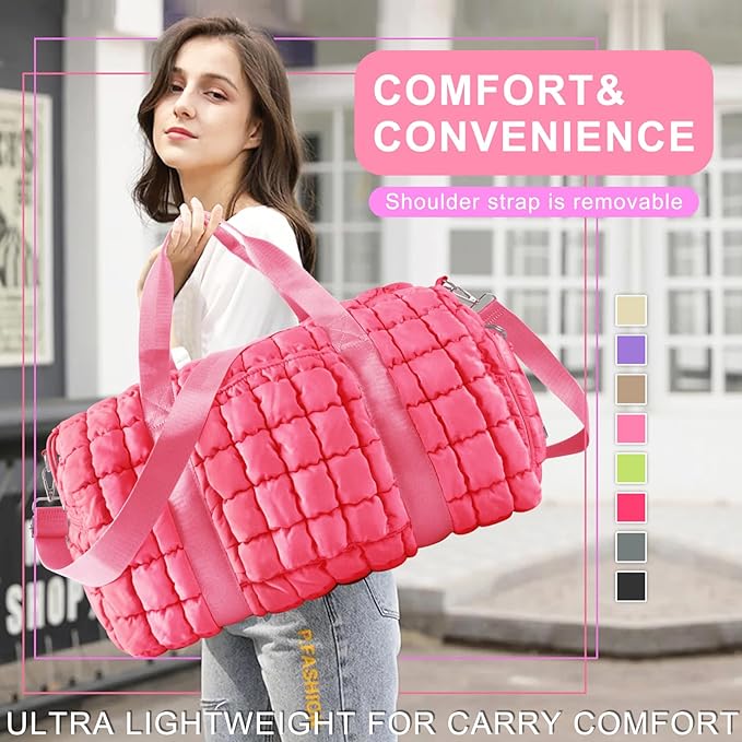 Quilted Travel Duffle Bag Gym Bag for Women,Large Puffer Duffle Weekender Bag with Compartment,Workout Overnight Carry on Organizer Bag Duffle Bag for Airplane Travel(Pink)