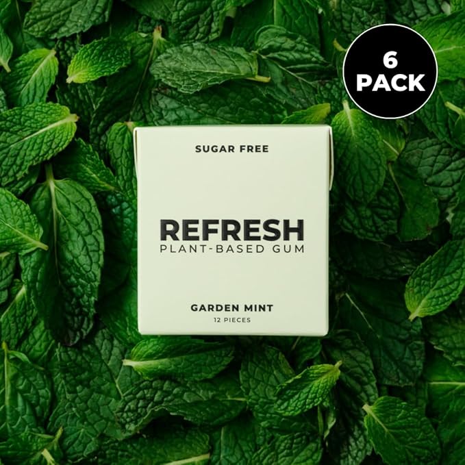 Refresh Gum, Sugar Free, Natural, Xylitol, Long Lasting Chewing Gum, Natural Flavors, Organic Ingredients, Plastic Free, Non GMO, Gluten Free, Vegan (12 Count (Pack of 6), Garden Mint)