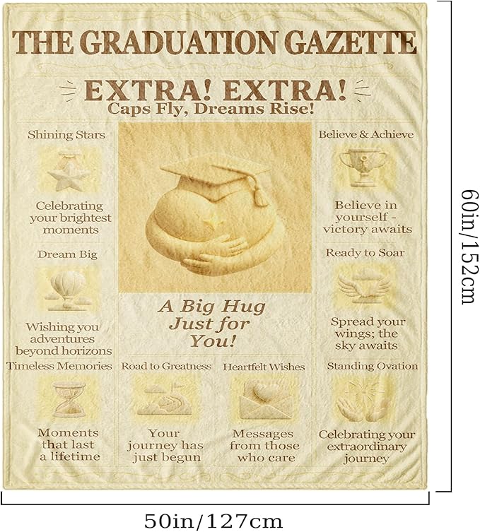 Graduation Blanket, 60x50 Soft Flannel Throw, Newspaper-Style Keepsake Gift for Her or Him, Retro Newsprint Aesthetic, Dorm Send-Off, Beige-Gold Inspirational Quotes