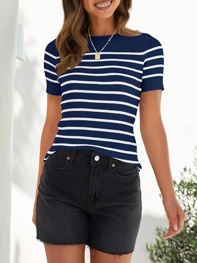 ZESICA Women's Short Sleeve Crewneck Striped T Shirt 2026 Summer Ribbed Knit Slim Fit Casual Basic Tee Tops