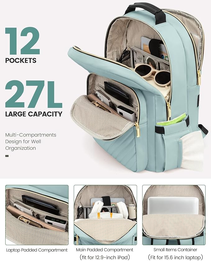 LOVEVOOK Laptop Backpack Purse for Women, Work Travel Computer Bags, College School Backpack for Student Girl, Quilted Casual Daypack with USB Port, Fit 15.6 Inch Laptop, Mint Green