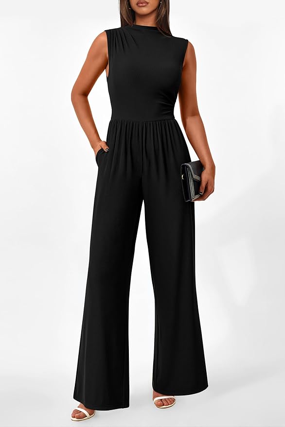 PRETTYGARDEN Womens Summer Jumpsuits Dressy Casual One Piece Outfits Sleeveless Mock Neck Wide Leg Pants Rompers with Pockets