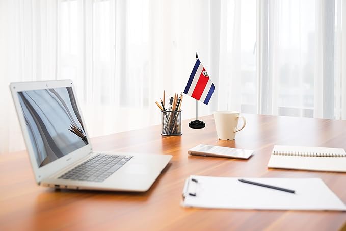 USA American & Costa Rica Costa Rican Desk Flags, US Costa Rica Table Flag, Small Mini American & Costa Rican Twin Table Office Flag, Miniature Costa Rican and US Desktop Flag With 13" Solid Black Pole, Black Base