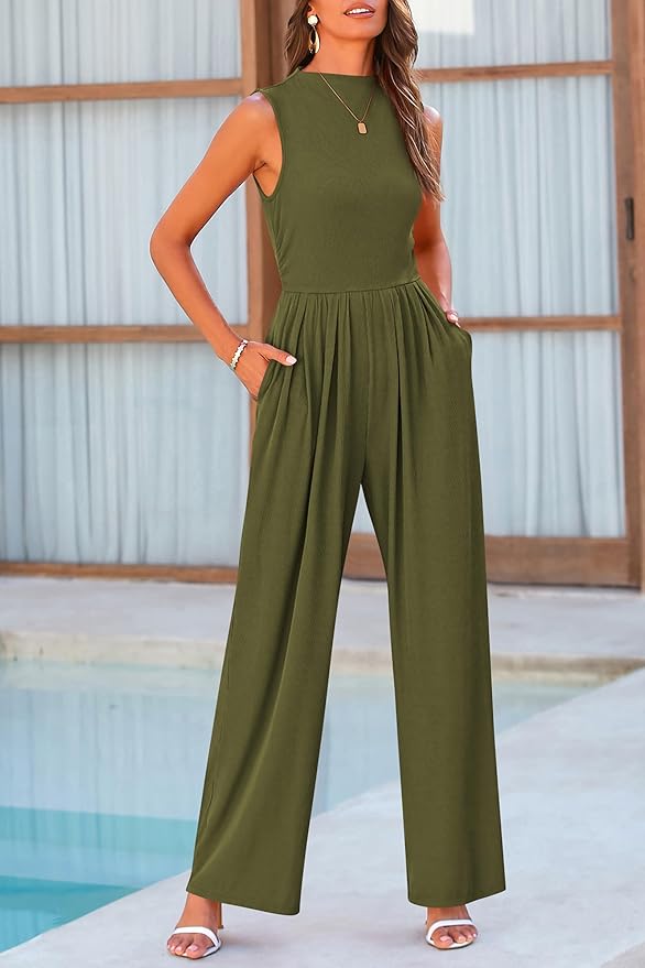 PRETTYGARDEN Womens Summer Jumpsuits Dressy Casual One Piece Outfits Sleeveless Mock Neck Wide Leg Pants Rompers with Pockets