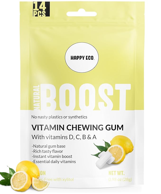 Multivitamin Xylitol Gum (56pcs) - Healthy, Sugar Free, Plastic Free, All Natural Chewing Gum with Vitamin Gum A,B6,C & D, Aspartame Free, Vegan, Gluten Free, Keto (Lemon)