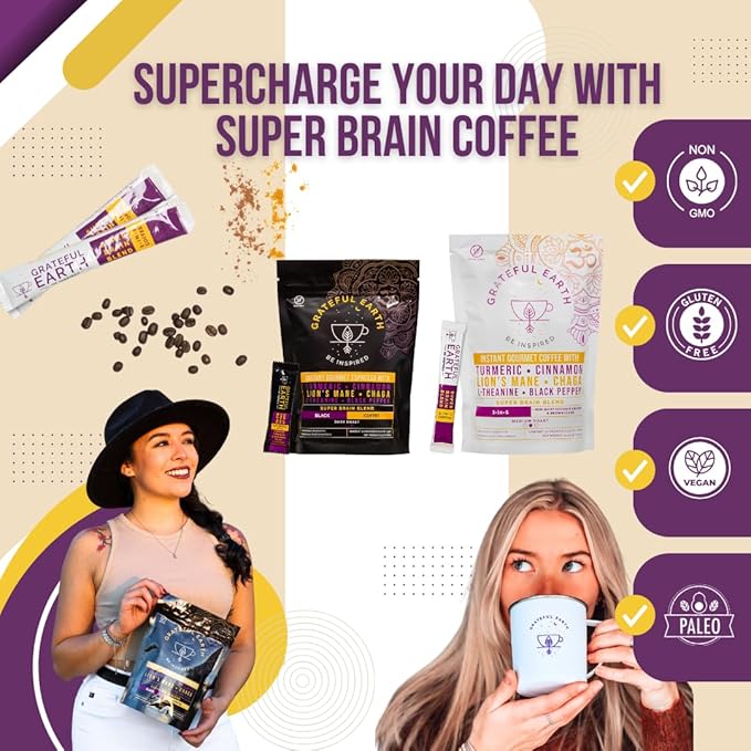 Grateful Earth Mushroom Coffee, Coconut Instant Coffee with Cinnamon, Turmeric, Lion’s Mane Mushrooms, L-Theanine, Chaga, Super Brain Blend, Energy & Immune Support, Dairy & Gluten Free, 2 Bags, 40 Ct