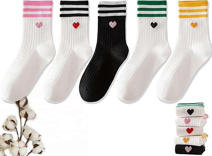 CHUNFO Cute Heart White Red Ankle Women Socks Frilly Fun Bear Pattern Long Crew Novelty Aesthetic Girls Sock 4 & More Pairs
