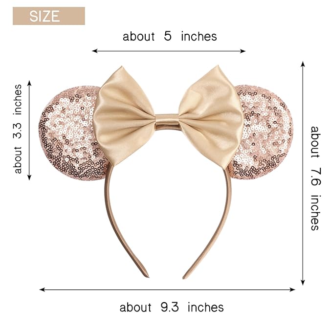 bianbaistar Champagne Glitter Mouse Ears Headband, Luxe Satin Bow for Bridal Events & Park Days