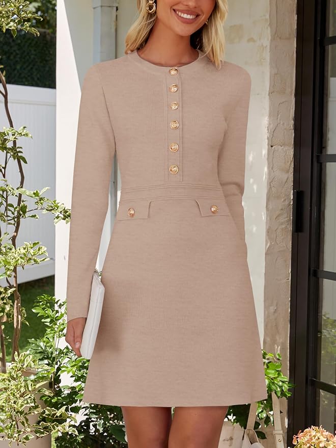 NENONA Women's 2026 Long Sleeve Fall Winter Sweater Dress Spring Fashion Button Elegant Business Casual Work Mini Dresses