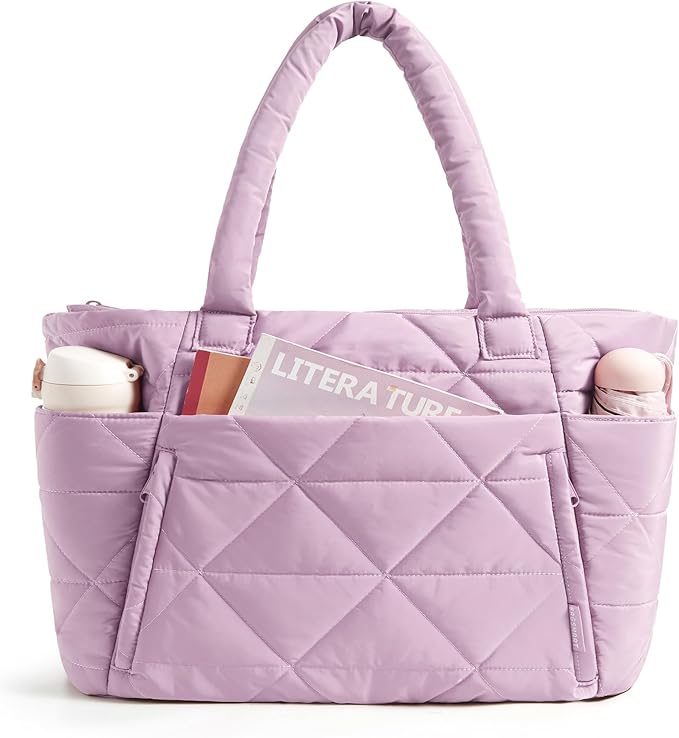 BAGSMART Tote Bag for Women, Puffy Tote Bag with Zipper, Large Quilted Shoulder Bag with Compartments for Travel, Work, Gym