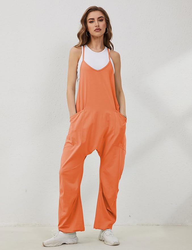 Lentta Women's Causal Jumpsuits V Neck Sleeveless Harem Overalls Stretchy Adjustable Strap Romper with Pockets