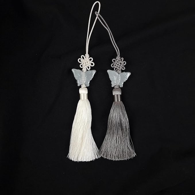 Seoulful Vintage Jade Butterfly Norigae - Korean Traditional Tassel Charm with Elegant Knot - Hanbok Accessory New Year's Gifts (Grey)