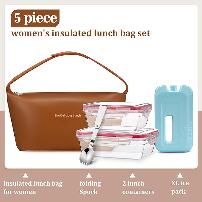 Lunch Bag Set For Women Insulated Leather Woman Lunch Bag With 2 Lunch Box Containers Spoon and Ice Pack Leakproof Reusable High Capacity Lunch Tote Bags for Work, Travel, Outdoor