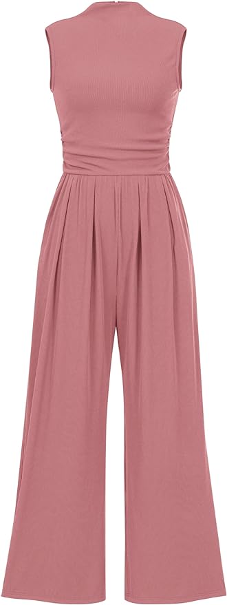 PRETTYGARDEN Womens Summer Jumpsuits Dressy Casual One Piece Outfits Sleeveless Mock Neck Wide Leg Pants Rompers with Pockets