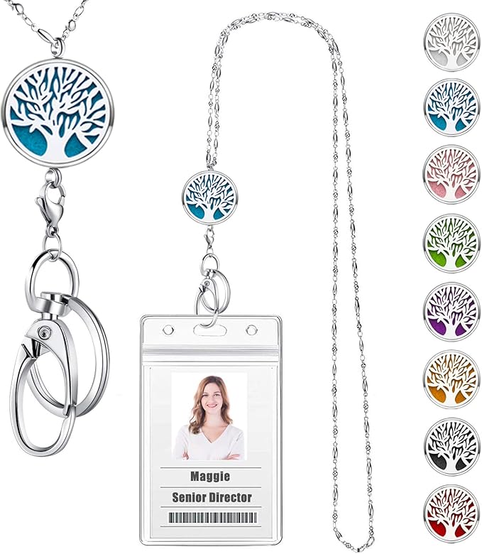 Lanyards for Keys Women Cute Teacher Lanyards for ID Badges Strong Stainless Steel Chain Lanyard Keychain Necklace Long Name Tag Badge Holder with Lanyard Work Diffuser Jewelry Tree of Life