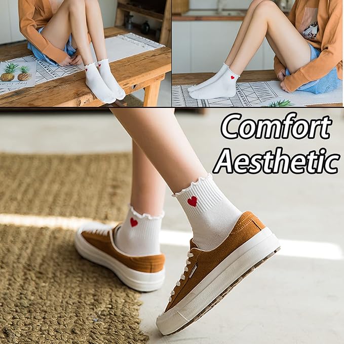 CHUNFO Cute Heart White Red Ankle Women Socks Frilly Fun Bear Pattern Long Crew Novelty Aesthetic Girls Sock 4 & More Pairs