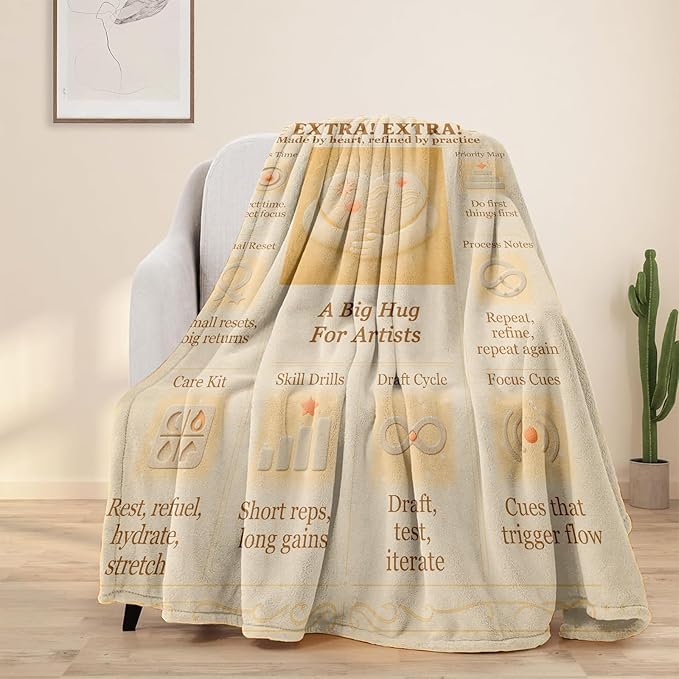 Artist Blanket 60x50 Flannel Fleece, Retro Editorial Newspaper-Style Motivational Throw, Studio & Home Decor, Creative Gift for Creators, Women, Art Teachers, Couch/Bed