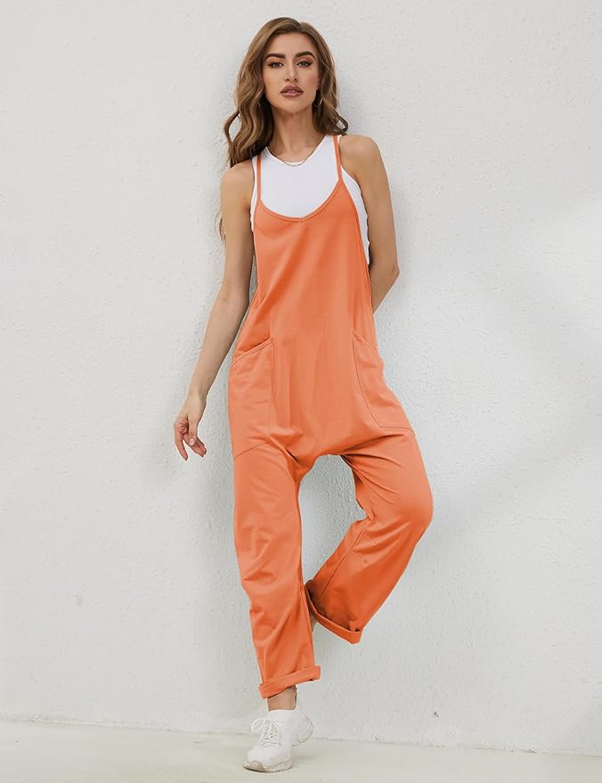 Lentta Women's Causal Jumpsuits V Neck Sleeveless Harem Overalls Stretchy Adjustable Strap Romper with Pockets