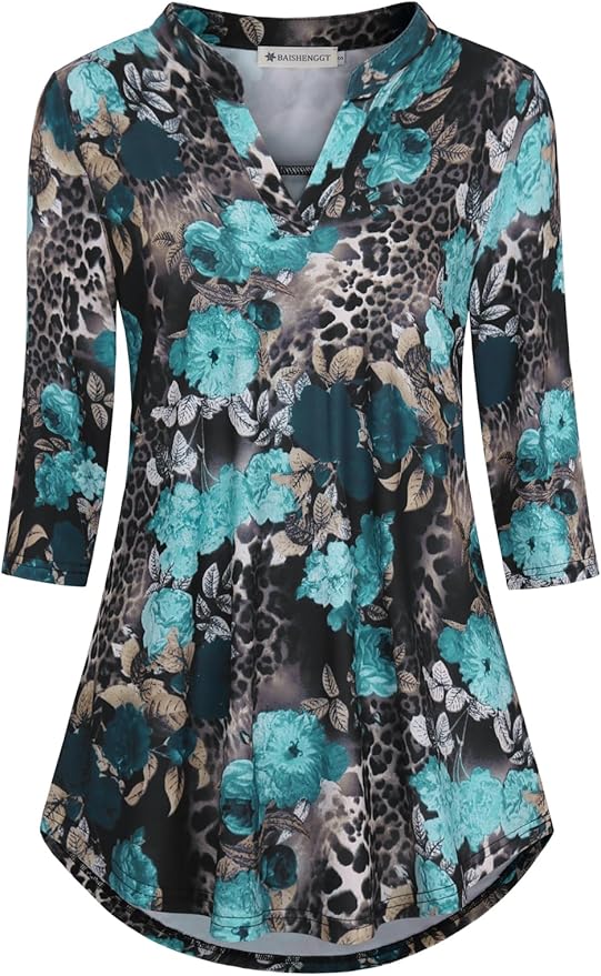 BAISHENGGT 3/4 Sleeve Tops for Women Notch V Neck Floral Work Blouses Dressy Casual Loose Fit Going Out Tunic Tops