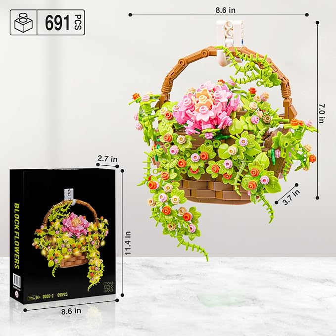 SATHIBI Flower Bouquet Building Set, Flowers Basket Bonsai Plants with Light, Botanical Collection Wall Decor, Creative Building Toy Gift for Adults (691 PCS)