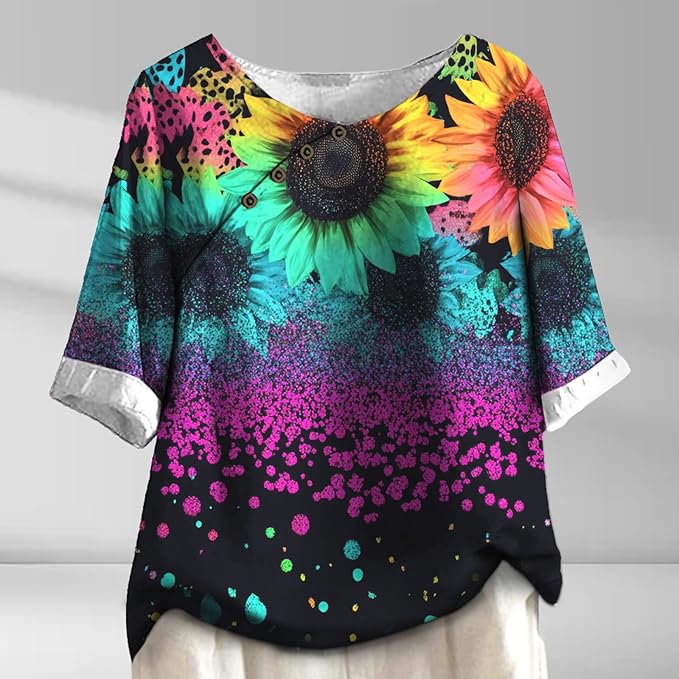 Women's Shirts Dressy Casual Asymmetric Side Button Down Design Tops Summer Loose Fit Crewneck Graphic Tees