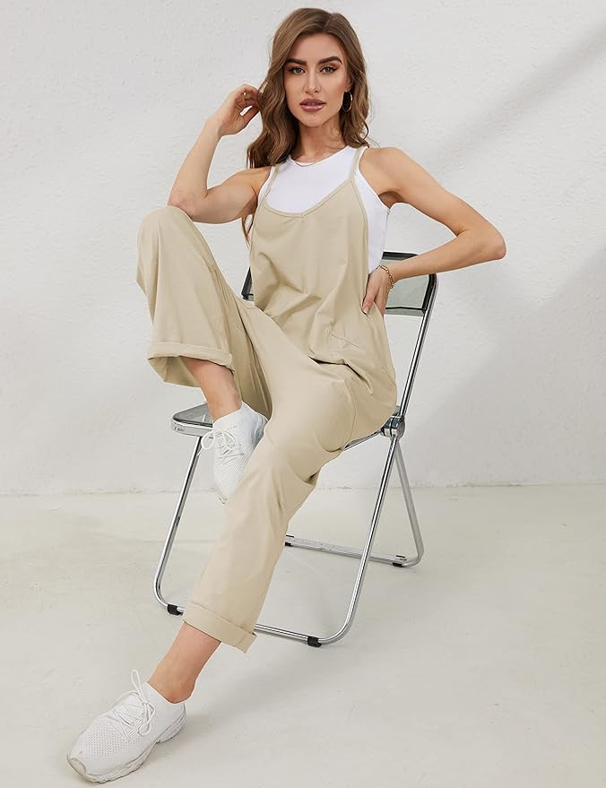 Lentta Women's Causal Jumpsuits V Neck Sleeveless Harem Overalls Stretchy Adjustable Strap Romper with Pockets