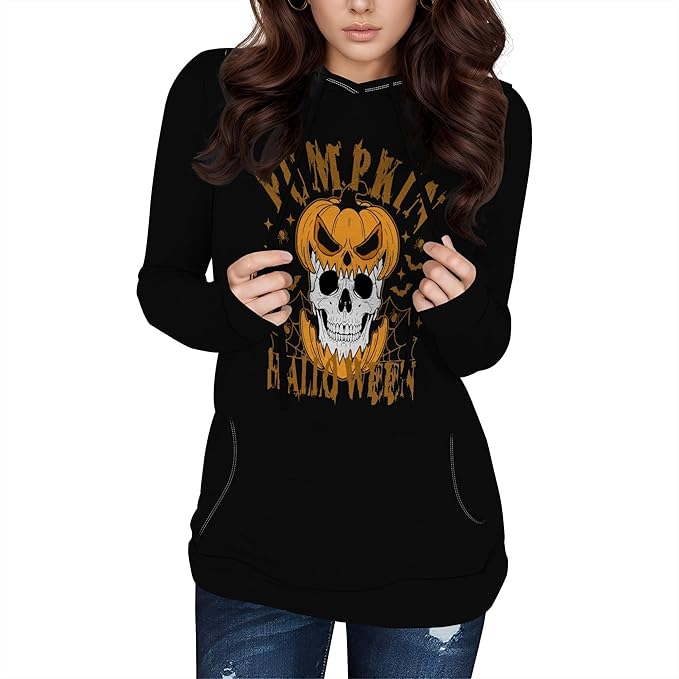 domirica Halloween Hooded Sweatshirt Long Sleeve Pocket Trendy Pumpkin Skull Sweatshirt Halloween Costumes For Holiday Party
