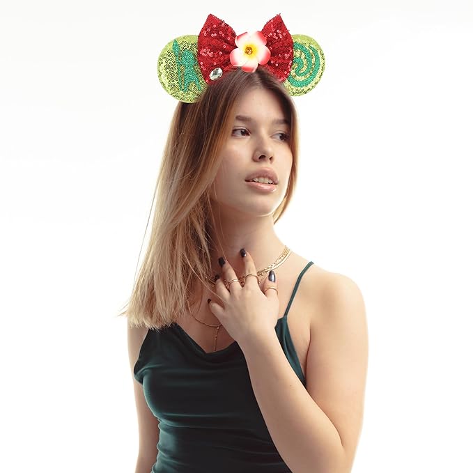 zhezesmila Mouse Ears Headband Princess Sequin Ears Headband Party Costume Hair Accessories with Glitter Green Bow Headwear Decoration for Women