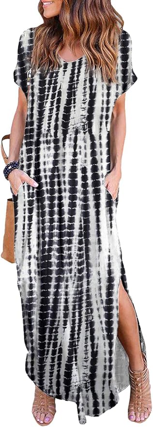 Arolina Women's Summer Maxi Dress Short Sleeve V Neck Casual Loose Long Beach Split Dresses with Pockets