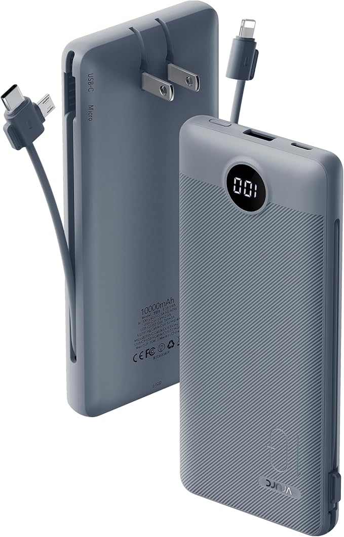 VRURC Portable Charger Built-in Cables and AC Wall Plug, USB C Power Bank 10000mAh, Travel Battery Portable Phone Charger Compact Lightweight External Battery Pack for Smart Phones, Tablets etc-Grey
