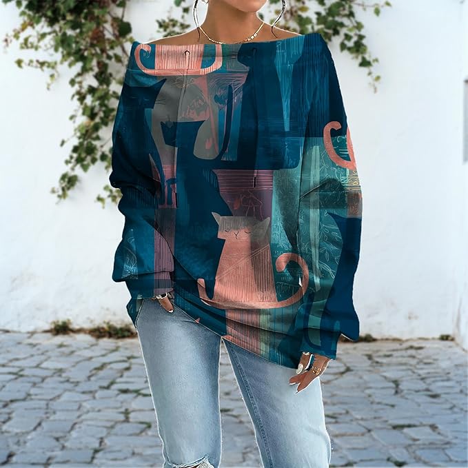Womens Sweatshirts Floral Print Sexy Off The Shoulder T Shirts Oversized Long Sleeve Pullover Fall Tops