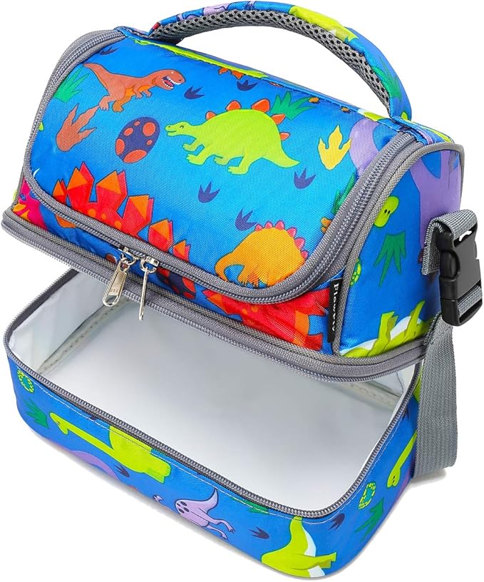 FlowFly Kids Double Decker Cooler Insulated Lunch Bag Large Tote for Boys, Girls, Men, Women, With Adjustable Strap, Dinosaur