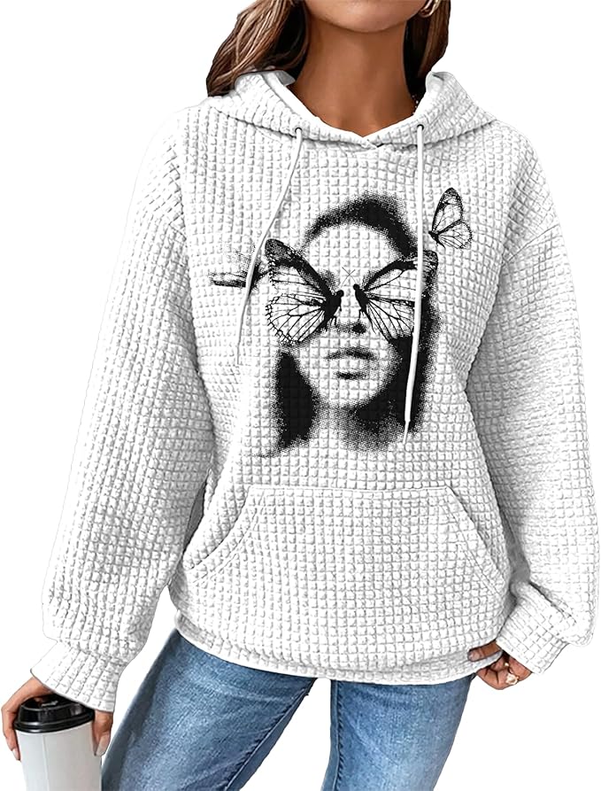 domirica Pullover Sweatshirts For Women Drawstring Long Sleeve Waffle Sweatshirt With Pocket Vintage Street Wear Qutfits