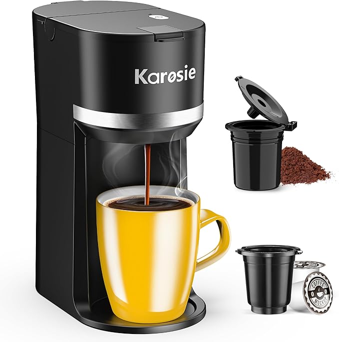 Karosie Single Serve Coffee Maker for K-Cup and Ground Coffee, Fast Brew, 6-12 oz Brew Sizes One Cup Coffee Machine Fits 5.5" Mugs, One-Button Small Coffee Maker with Descaling Reminder,Black