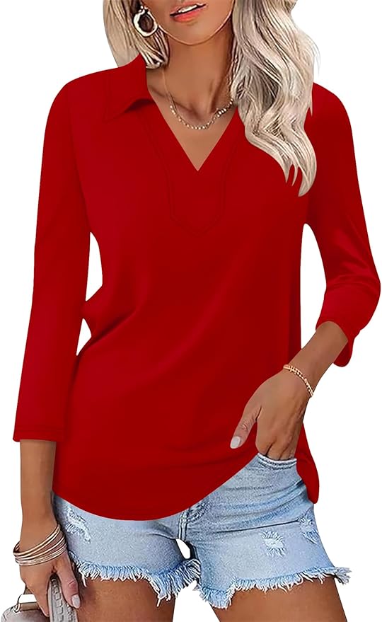 LOMON 3/4 Length Sleeve Womens Tops 2026 Spring Summer Collared Polo Shirts V Neck Casual Basic Polos Tees Shirt