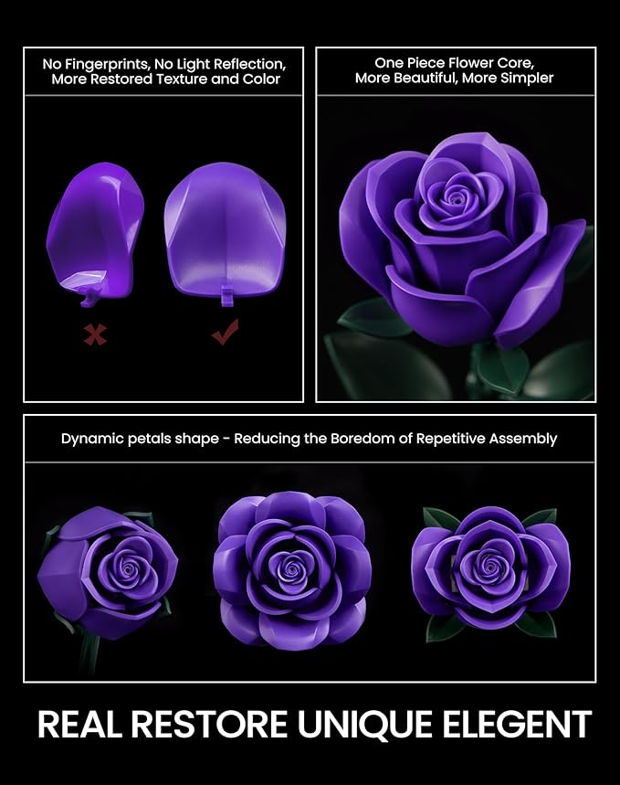 iATOM Purple Rose Bouquet Building Set, 12Pcs Flowers Botanical Collection for Adults Women, Valentine's Day Gift for Her/Girlfriend/Mom/Wife/Couple, Purple Retro Home Office Table Centerpiece Decor