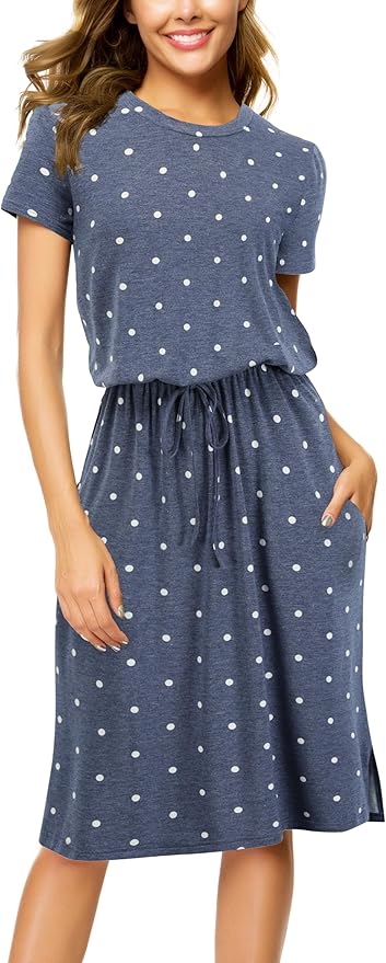 Simier Fariry Womens Spring Hide Belly Knee Length Travel Dress Pocket Summer Short Sleeve Midi Work Casual Outfits