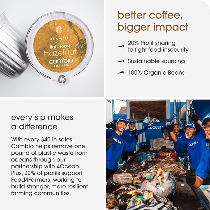 Cambio Roasters Organic Hazelnut Coffee Keurig KCups, Only Aluminum K Cup for Better & Longer Lasting Flavor, Nutty and Slightly Sweet Light Roast Kcup Keurig Coffee Pods, Lower Acid Kcups, 60 count
