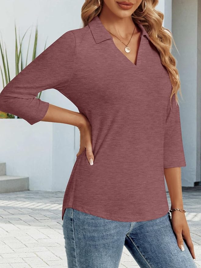3/4 Length Sleeve Womens Tops Dressy Casual V Neck Polo Shirts Business Work Blouses 2025 Trendy Tunic Top