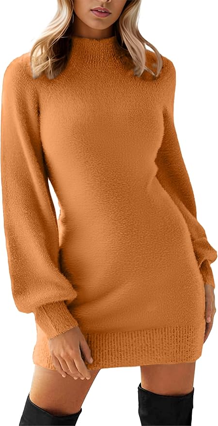 GRECERELLE 2026 Women's Mock Neck Ribbed Long Sleeve Bodycon Pullover Cute Mini Sweater Dress (XS-2XL)