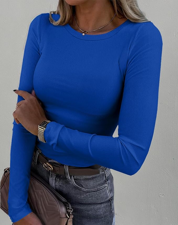 Roselux Womens Long Sleeve Stretch Crewneck Ribbed T-Shirt Fitted Casual Basic Tops