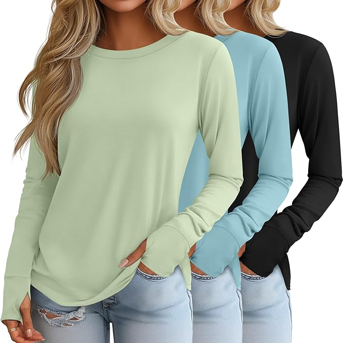 Huukeay 3 Pack Women's Long Sleeve Shirts with Thumb Holes, Cotton Casual Crew Neck Tunic Tops Fall Loose Y2k Trendy Outfits