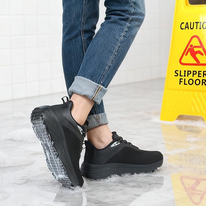 Black Non Slip Work Shoes for Women, Water-Resistant Kitchen & Restaurant Sneakers, Cushioned Thick Midsole for All-Day Standing, Chef & Food Service Footwear