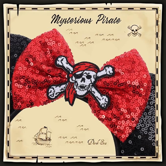 ETLUK Pirate Headband, Mouse Ears with Sequin Bow for Women Boys Girls, Womens Pirate Costume for Cosplay Accessories Party Decorations