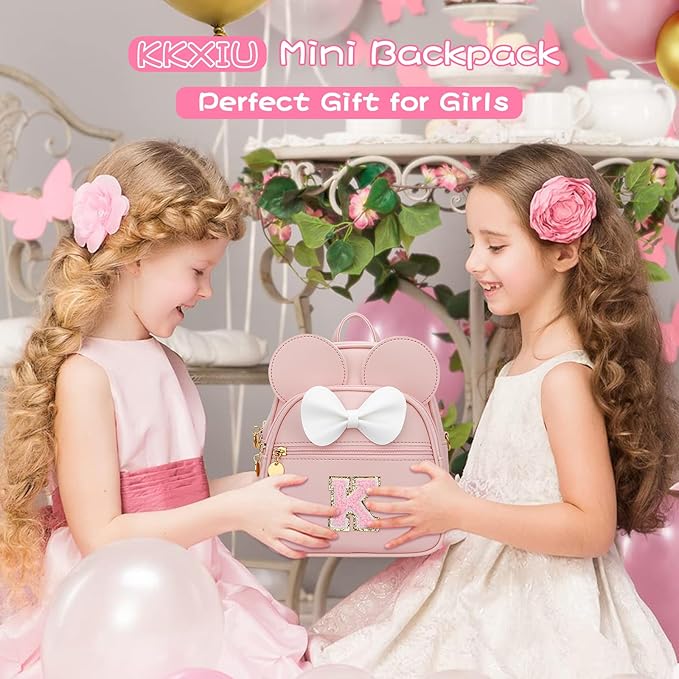 KKXIU Girls Initial Bowknot Cute Mini Backpack for Toddler, Travel Small Girl Backpacks, Personalized Valentine's Day Gifts for Little Girls and Kids(K, Pink)