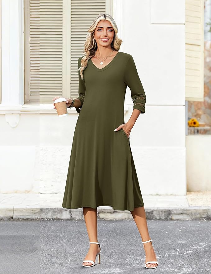 Zeagoo Women's Dresses 3/4 Sleeve Summer Casual V-Neck A Line Flowy Eyelet Midi Dress for Women Beach Vacation Sundress