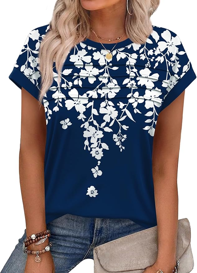 WEESO Womens Summer Tops Trendy 2026 Cap Sleeve T Shirts Crew Neck Pleated Front Beach Vacation Clothes Fashion